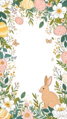 Easter Bunny Floral Frame with Eggs and Flowers.