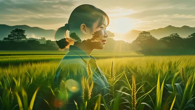 農業の未来を照らす二重露光のシルエット