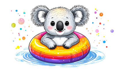 Adorable cartoon koala floating in a rainbow-colored inner tube, surrounded by bubbles