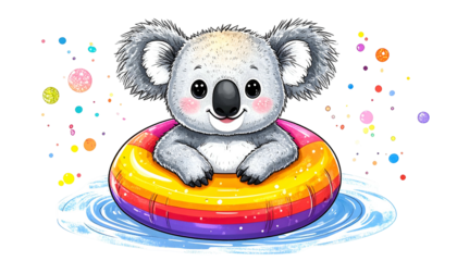 Adorable cartoon koala floating in a rainbow-colored inner tube, surrounded by bubbles