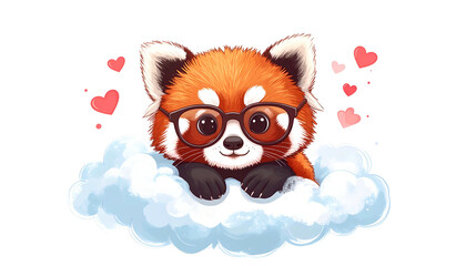 A cute, cartoon red panda with glasses sits in a fluffy cloud surrounded by hearts