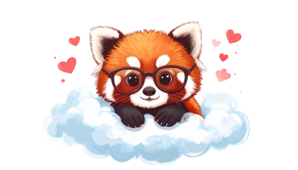 A cute, cartoon red panda with glasses sits in a fluffy cloud surrounded by hearts