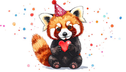 Watercolor style illustration of a red panda wearing a party hat, holding a heart, surrounded by confetti