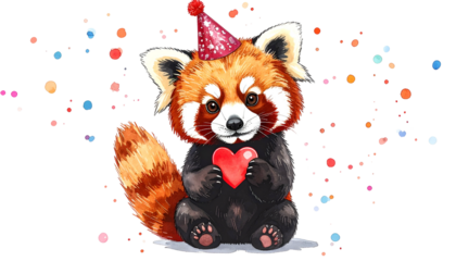 Watercolor style illustration of a red panda wearing a party hat, holding a heart, surrounded by confetti