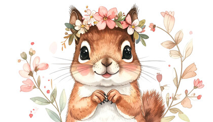 Cute woodland creature squirrel, wearing a floral wreath, with a welcoming smile