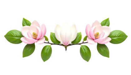 Three magnolia blossoms with pink petals, green leaves, and a brown branch, against black
