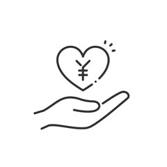 クラウドファンディングや社会保障を表すお金の支援ベクターアイコン（線画）ハート･手元･円マーク