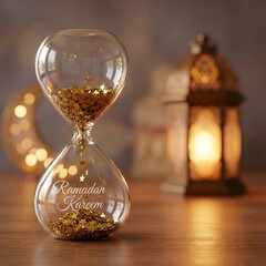 Conceptual Ramadan Countdown Timer to Iftar with Gold Confetti and Bokeh Lights