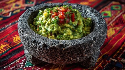Fresh guacamole in stone bowl with diced tomatoes and herbs on colorful woven cloth