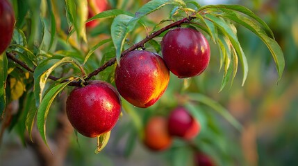Fresh red nectarines hanging on a leafy tree branch with morning dew