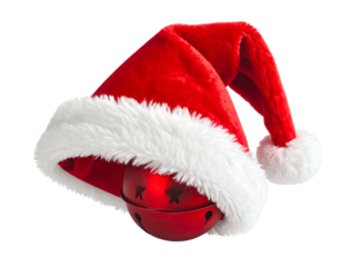 Fluffy red hat with white trim, concealing festive jingle bells