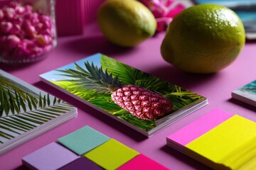 Vibrant lifestyle mood board with tropical images and neon colors