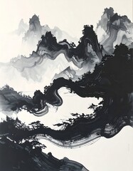 Obraz premium Traditional Chinese Ink Painting Mountain Landscape.