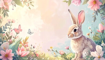 Adorable Bunny in Floral Garden Scene.