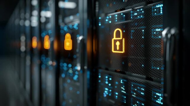 Digital Fortress: A close-up view of a server rack lit by a soft glow, symbolizing robust security and protection against cyber threats, data protection.