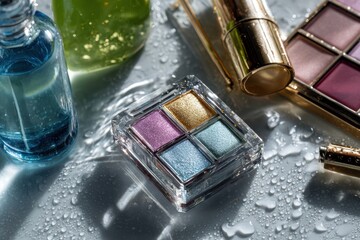 Collage of fashion accessories makeup and water texture images