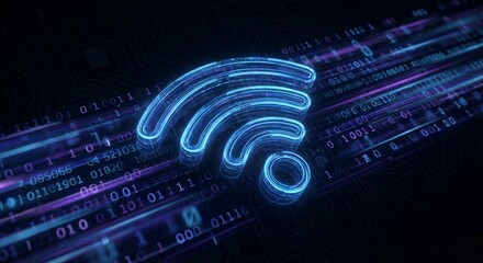 Blue Glowing Digital Wifi Symbol Icon Floating Over Binary Code Data Background High Speed Wireless Internet Concept