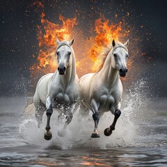 Fire Horse zodiac symbol illustrated as powerful horses with flames and water splashes. Decorative artwork for wall art, poster, print and interior design categories.