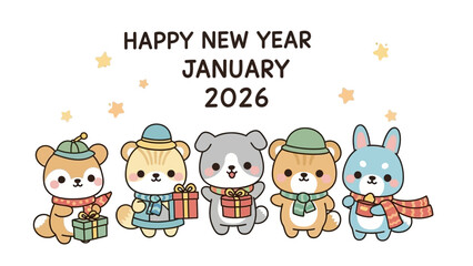 Fototapeta premium Cute cartoon animals celebrate New Year in January with gifts and hats on