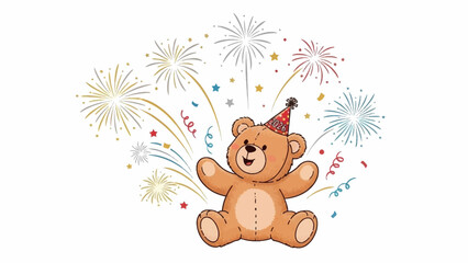 Naklejka premium Cute teddy bear celebrating with fireworks and party hat, happy birthday bear illustration, festive holiday teddy bear vector EPS