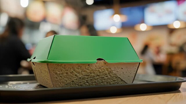 Green Lid Recycled Cardboard Takeaway Food Box on Tray in Restaurant