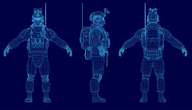 A soldier in full uniform stands in a surrender pose, rendered as a detailed 3D wireframe model against a blue background. He wears a helmet, jacket, and bag while holding a gun.