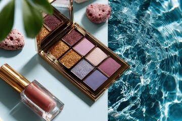 Collage of fashion accessories makeup and water texture images