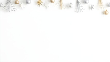 Minimalist New Year background with hanging decorations at the top on a pristine white surface