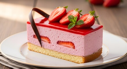 Exquisite slice of pink strawberry mousse cake topped with fresh fruit and mirror glaze sits elegantly upon a fine white serving plate
