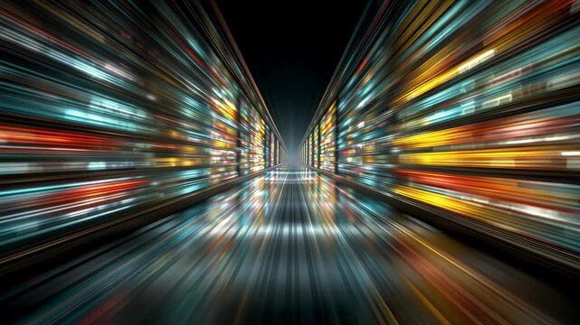Abstract Corridor of Light: A dynamic, eye-level perspective showcases a futuristic corridor, lined with vibrant, colorful lights, creating a sense of rapid movement and technological advancement.