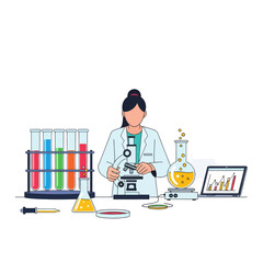 Scientist Working with Microscope in Laboratory, Colorful Test Tubes and Flasks