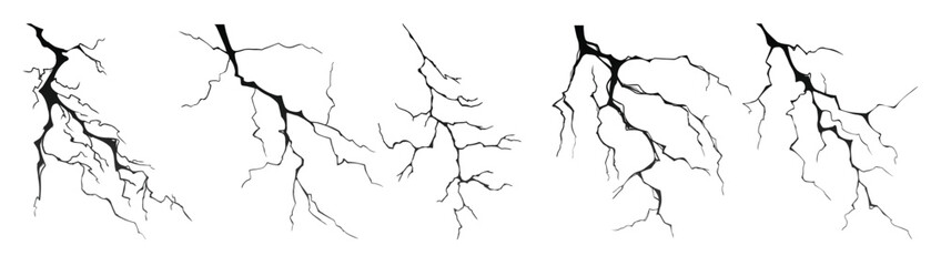 Lightning strike bolt silhouettes vector illustration set.