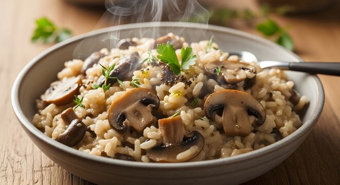 Steaming hot creamy mushroom risotto served in a rustic bowl garnished with fresh herbs resting on a warm wooden table setting
