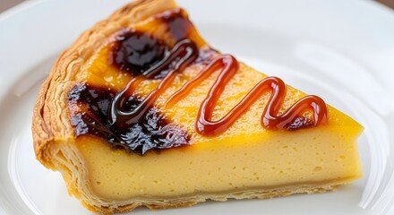 Delicious slice of creamy baked custard tart topped with rich dark caramel glaze and bright orange sauce artfully presented on white china