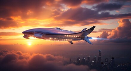 Futuristic sleek streamlined airship cruising above a glowing city skyline during a dramatic and vibrant orange sunset sky with scattered clouds