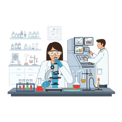 Scientists working in laboratory with microscope and equipment, research and development concept