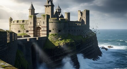 Majestic ancient stone castle perched precariously atop dramatic rugged seaside cliffs enduring the powerful crashing ocean waves under a moody sky
