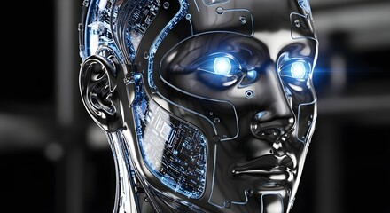 Close up of a highly detailed chrome android face featuring glowing blue digital eyes and visible intricate internal circuitry representing artificial intelligence concepts