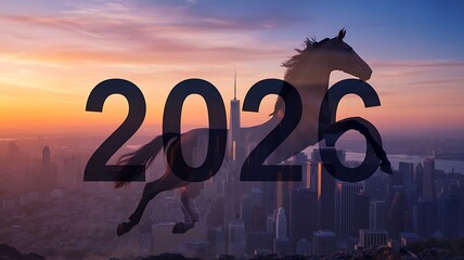 Horse superimposed on the year 2026 with a city skyline at sunset new year future