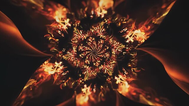Abstract fiery fractal art with a spiral design and dark background.