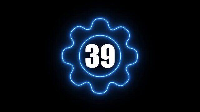 Glowing Blue Gear with Number 39 Neon Light Effect on Black Background Technology Concept gear blue neon