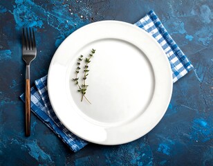 Empty White Plate with Thyme on Blue.