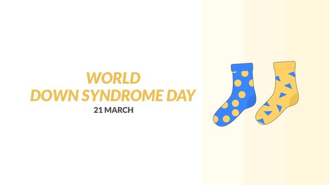 Animation with a World Down Syndrome Day theme featuring text and a pair of mismatched socks. Blue and yellow socks. simple animation. motion graphic.