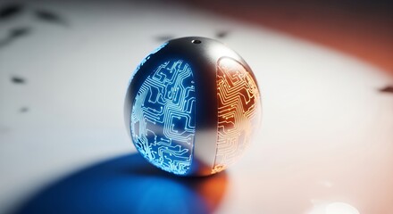 Futuristic sphere with circuit board design in blue and orange light