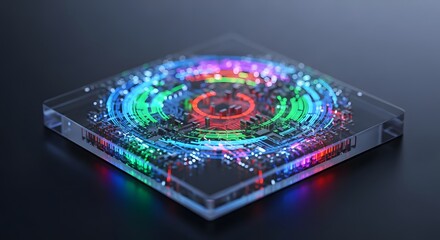 Futuristic glowing digital circuit board encased in clear acrylic showcasing vibrant multicolored data streams and complex technological innovation