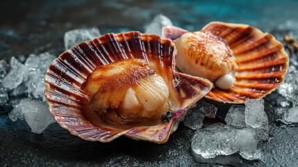 Grilled scallops on ice with colorful shells.