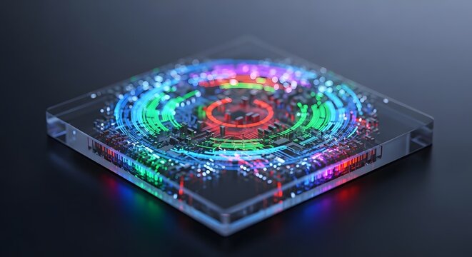 Futuristic glowing digital circuit board encased in clear acrylic showcasing vibrant multicolored data streams and complex technological innovation - Powered by Adobe