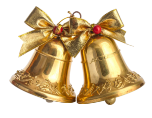 Gleaming golden bells adorned with festive bows