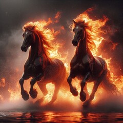Fire Horse zodiac symbol illustrated as powerful horses with flames and water splashes. Decorative artwork for wall art, poster, print and interior design categories.