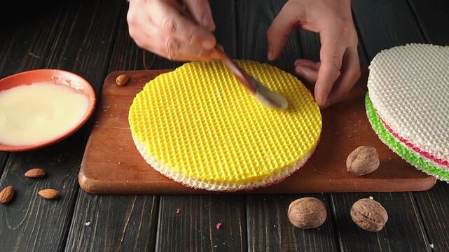 A person is preparing traditional wafers in a kitchen. Brightly colored wafer layers are stacked. Nuts are placed around the scene. A bowl of condensed milk is also present.